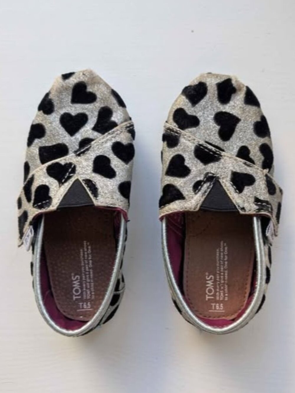 TOMS Alpargata Silver Gold Glitter Heart Slip-On Shoes, Toddler Size 6.5